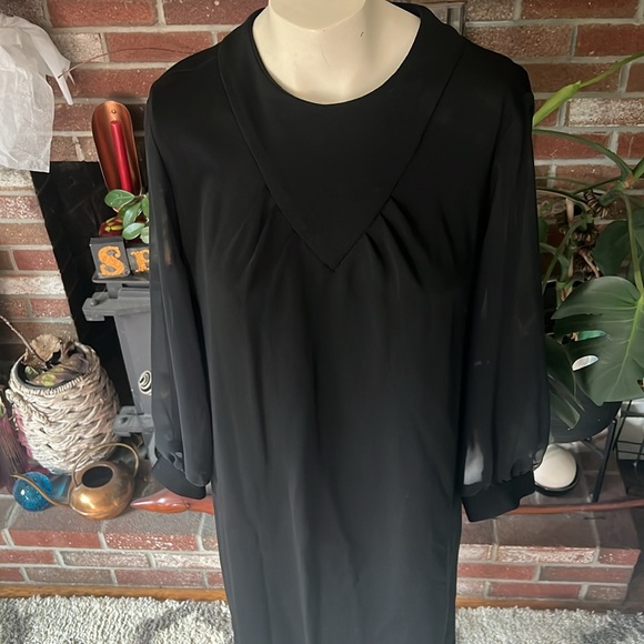 Vintage 60s/70s Black Shift Dress with Sheer Sleeves - Picture 2 of 5